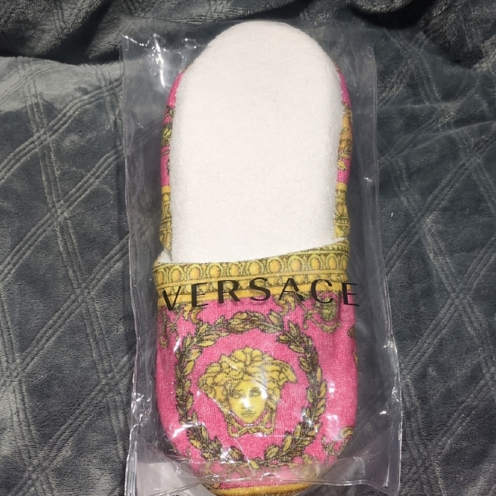 Versace Pink and Gold Medusa Slippers